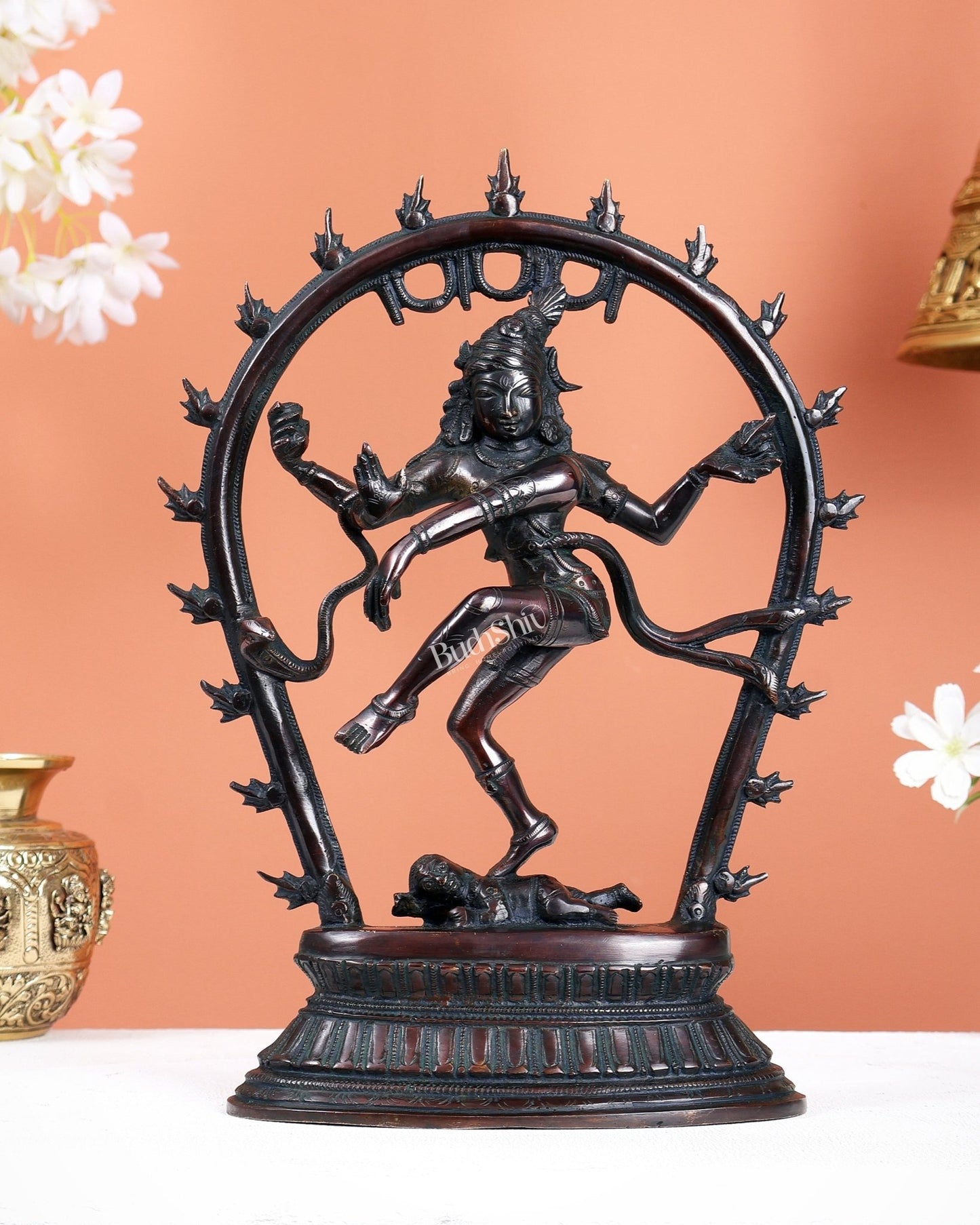 Vintage Brass Nataraja Dancing Shiva Idol with Oval Arch - 12.5" - Budhshiv.com