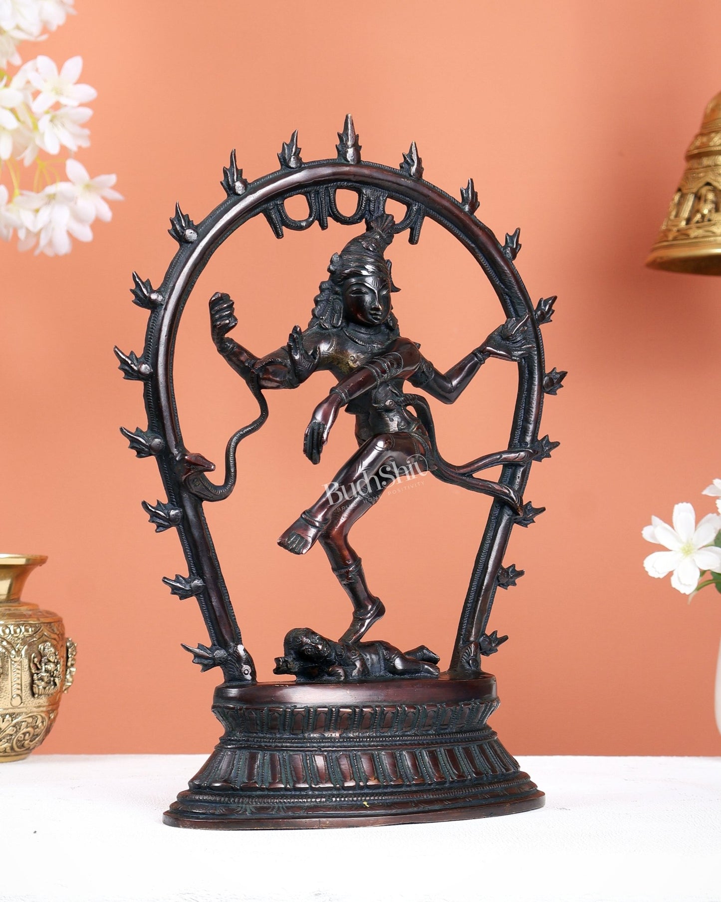 Vintage Brass Nataraja Dancing Shiva Idol with Oval Arch - 12.5" - Budhshiv.com