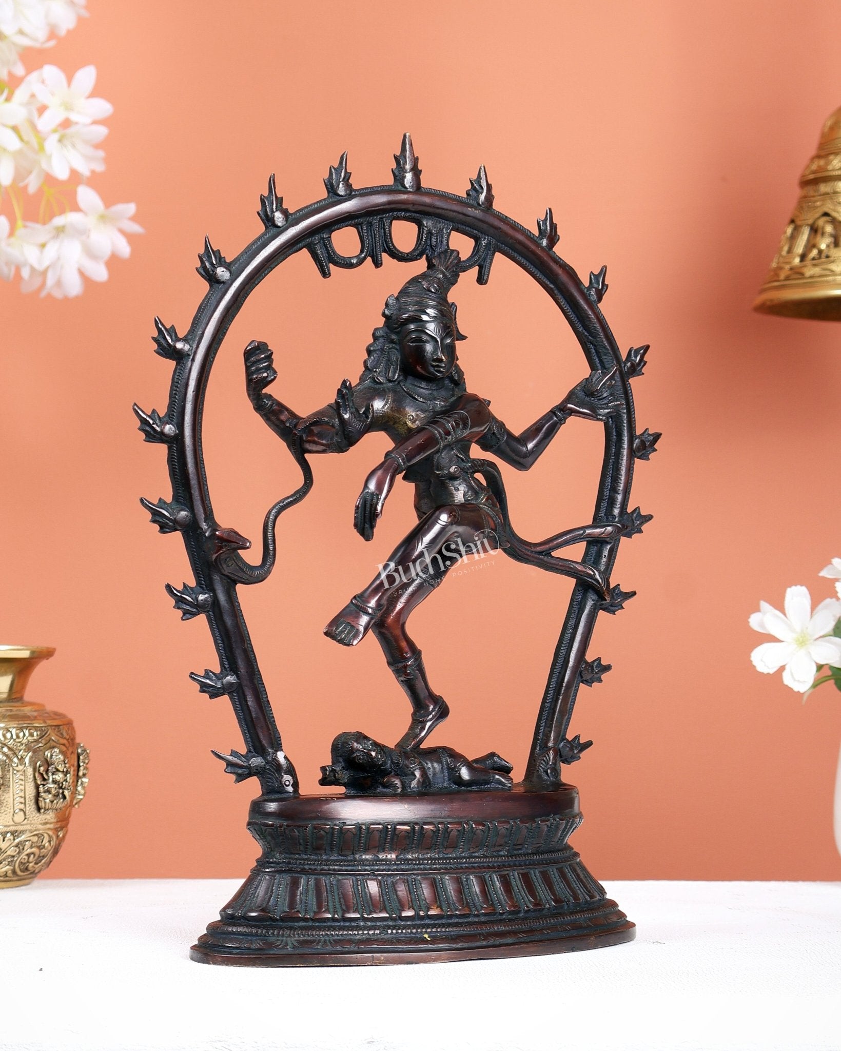 Vintage Brass Nataraja Dancing Shiva Idol with Oval Arch - 12.5" - Budhshiv.com