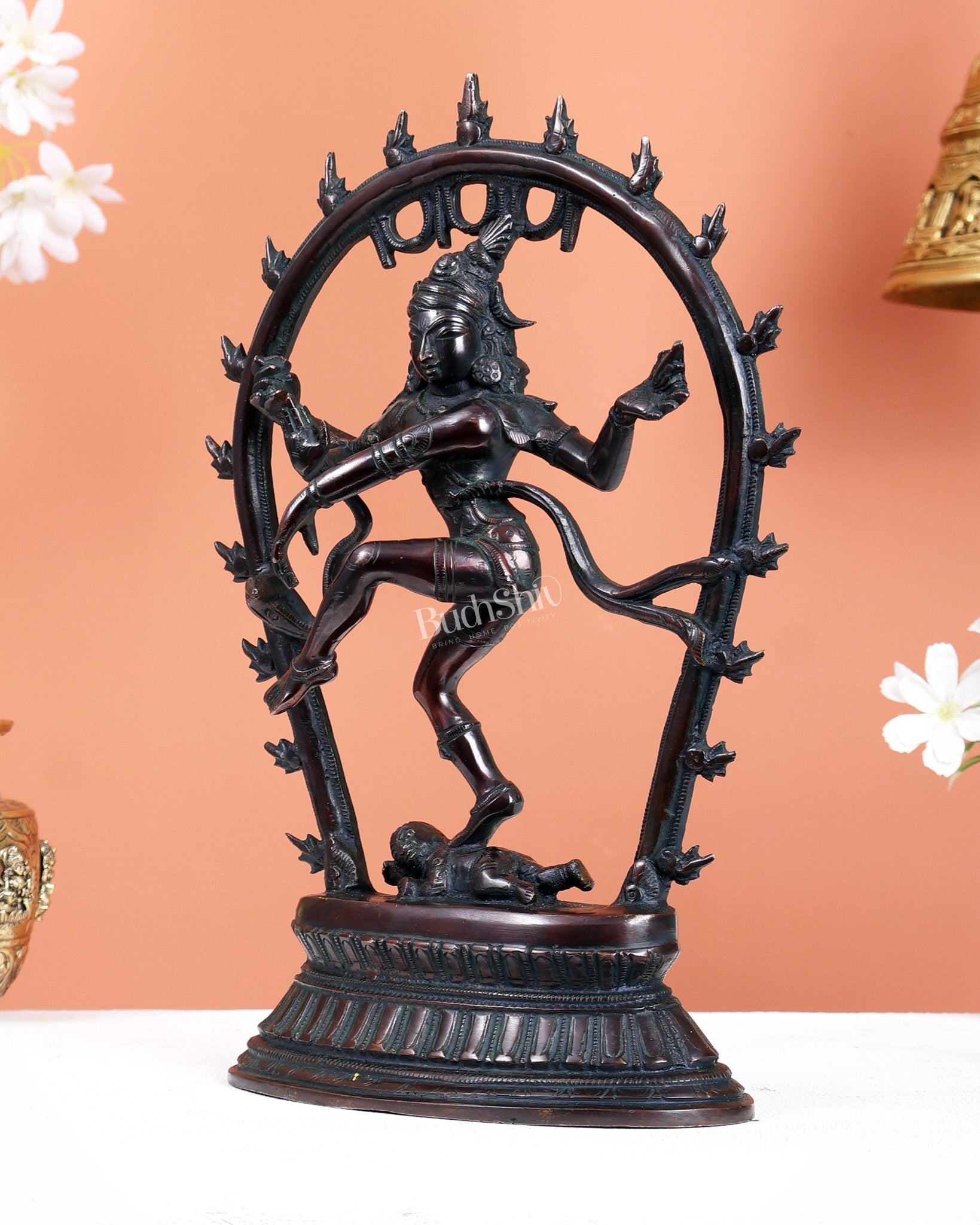 Vintage Brass Nataraja Dancing Shiva Idol with Oval Arch - 12.5" - Budhshiv.com