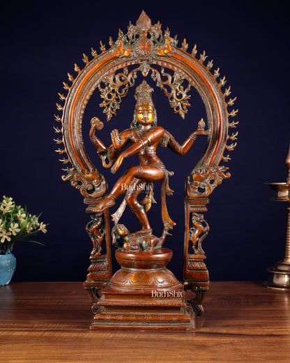 Vintage Brass Nataraja Dancing Shiva Sculpture - 18" Height Chola tone - Budhshiv.com