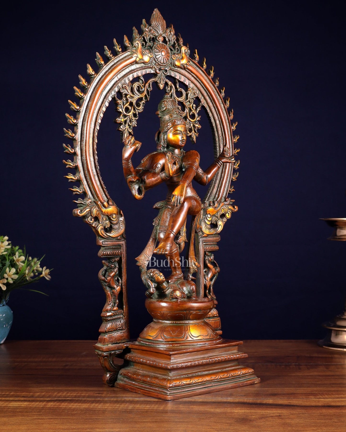 Vintage Brass Nataraja Dancing Shiva Sculpture - 18" Height Chola tone - Budhshiv.com