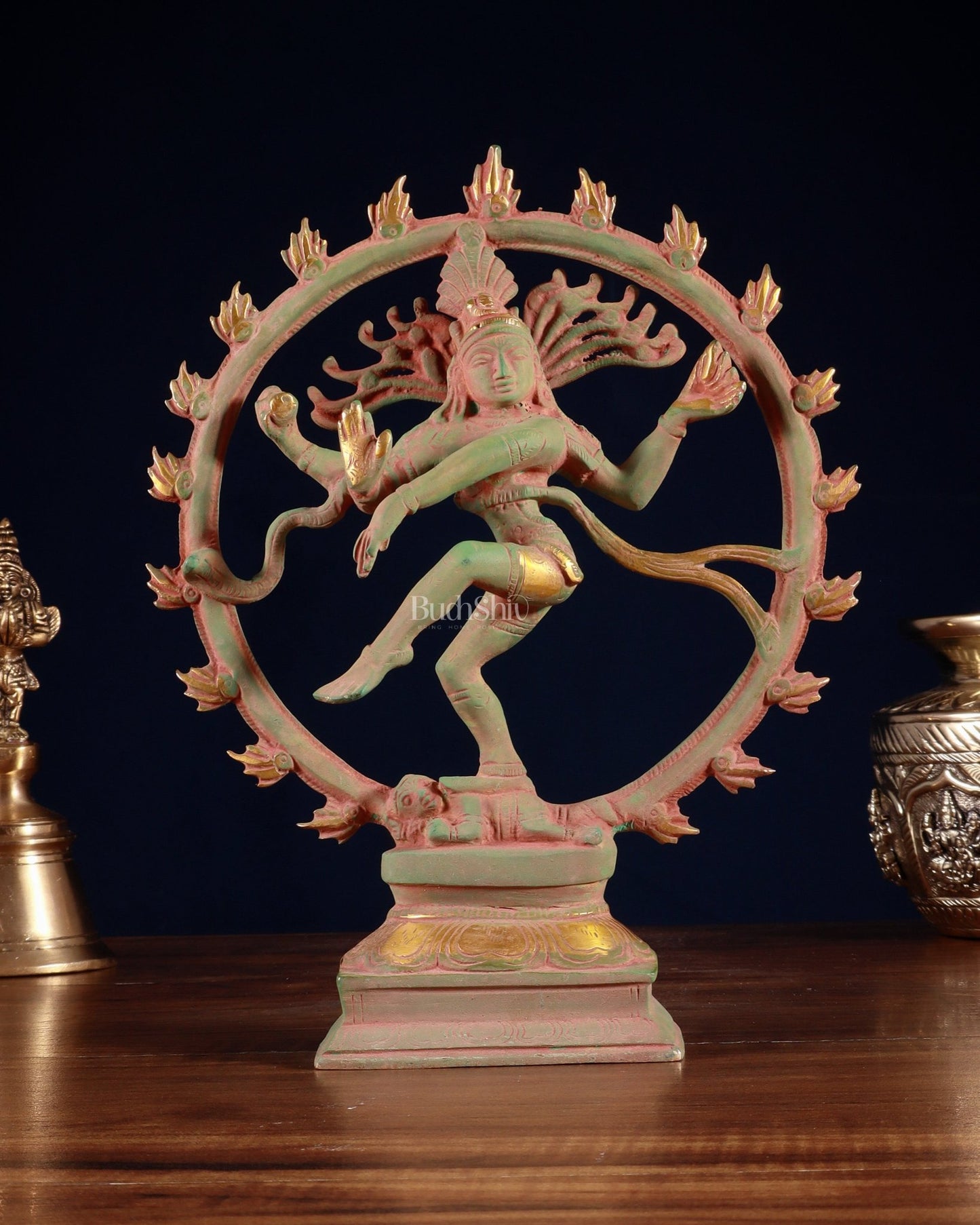 Vintage Brass Nataraja Sculpture – 9.2” Green Sand Patina - Budhshiv.com