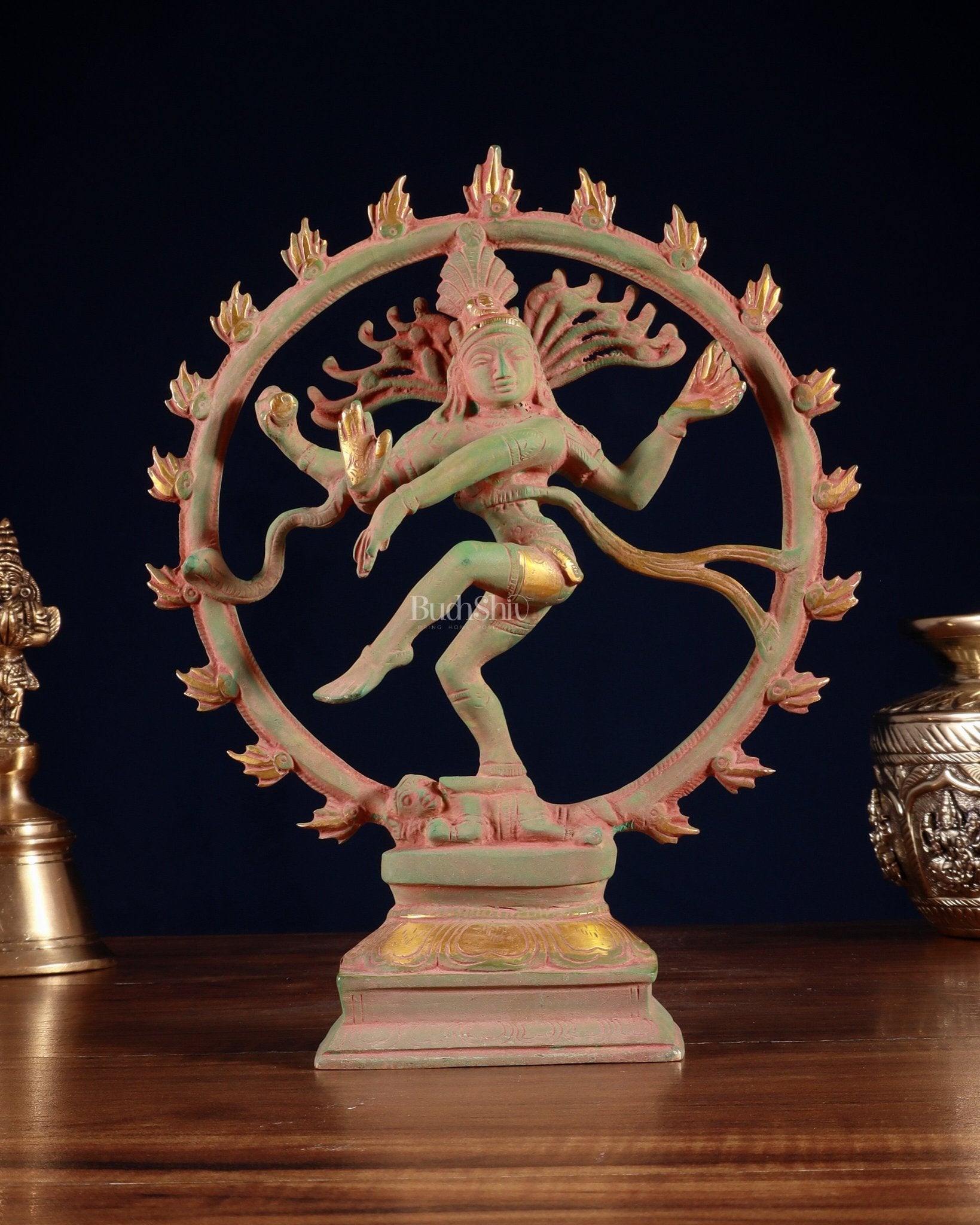 Vintage Brass Nataraja Sculpture – 9.2” Green Sand Patina - Budhshiv.com
