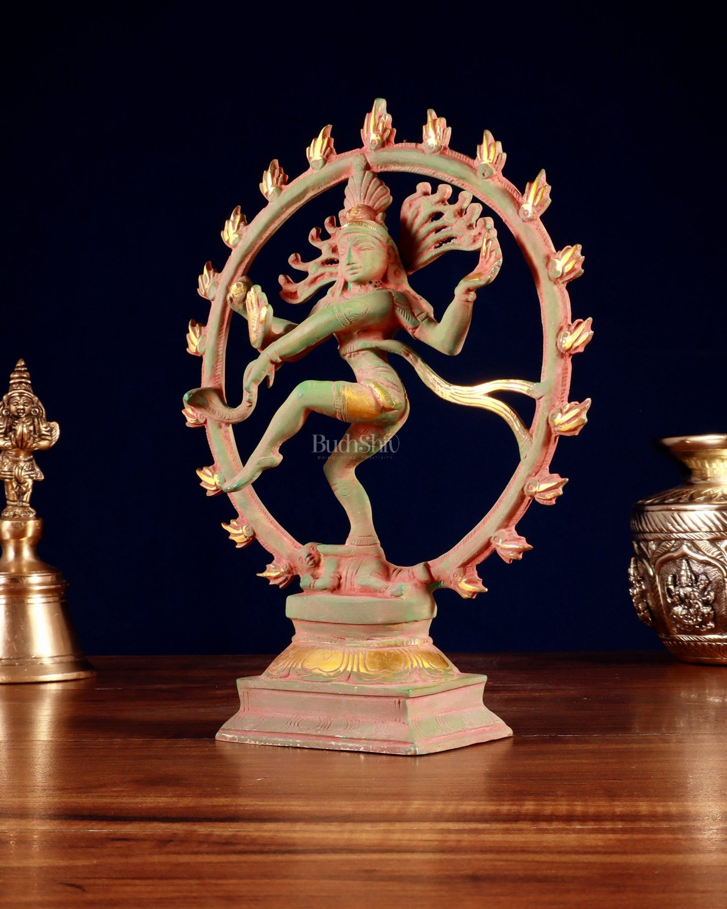 Vintage Brass Nataraja Sculpture – 9.2” Green Sand Patina - Budhshiv.com