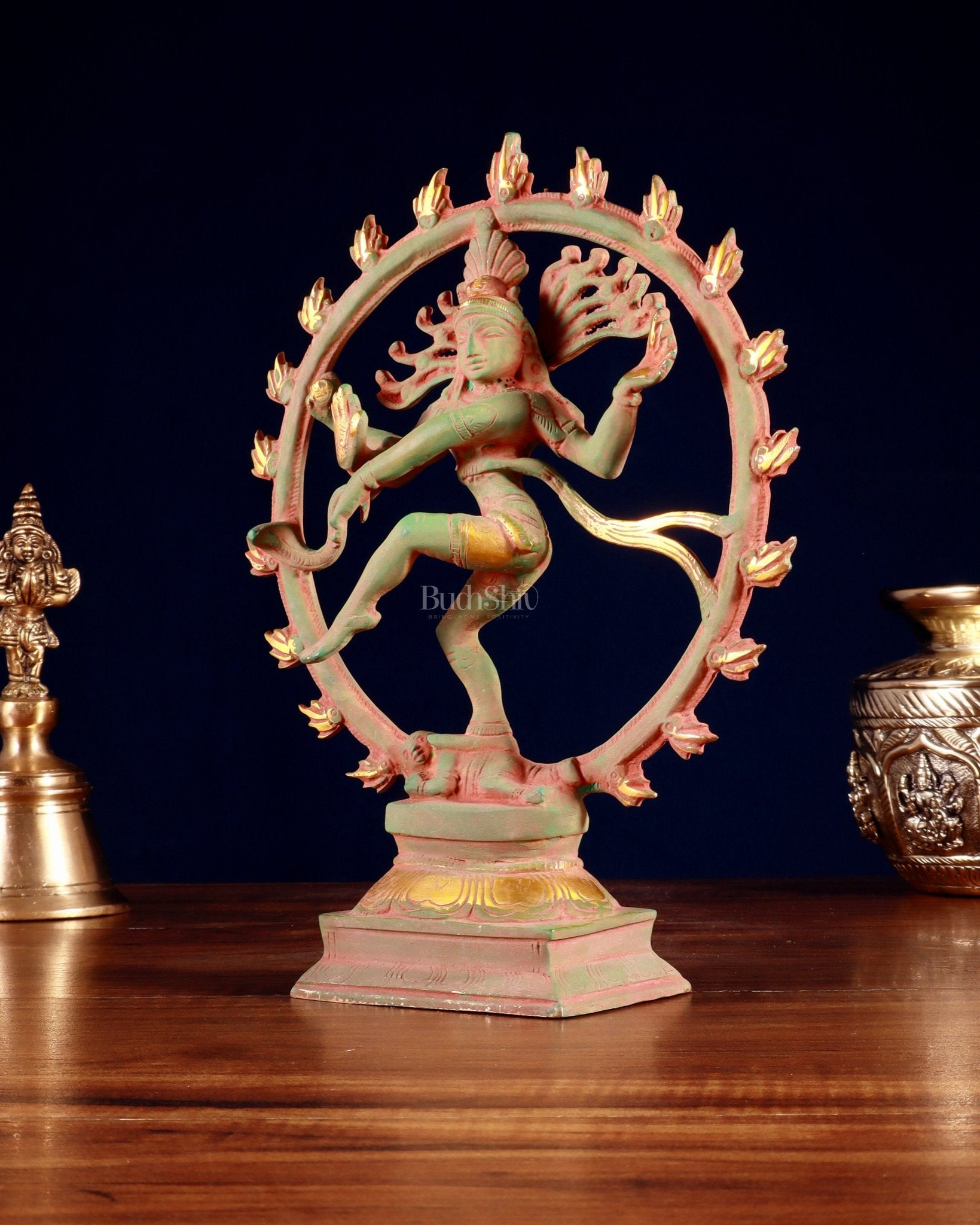 Vintage Brass Nataraja Sculpture – 9.2” Green Sand Patina - Budhshiv.com