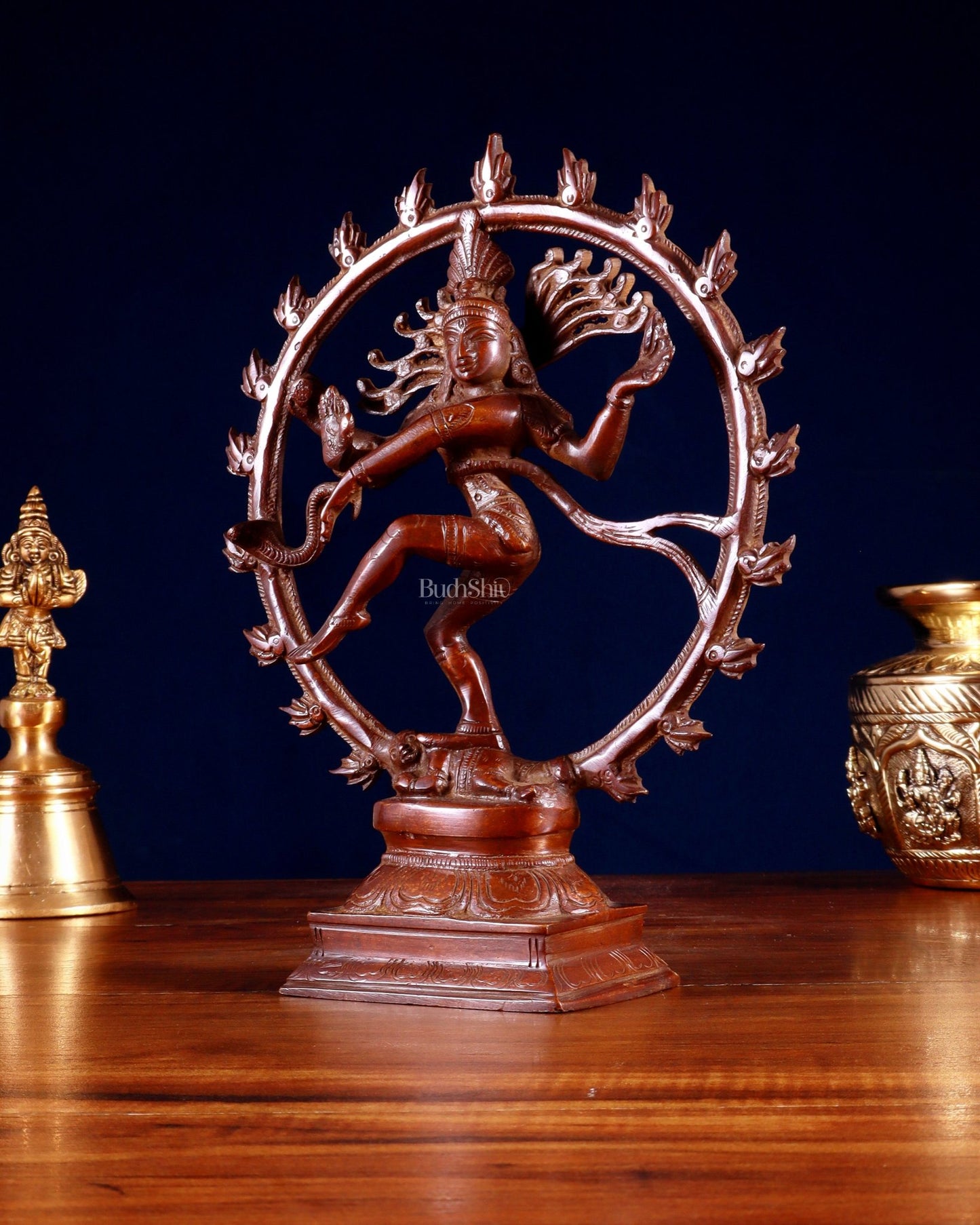 Vintage Brass Nataraja Sculpture – 9.2” Monochrome Dark Chocolate Finish - Budhshiv.com
