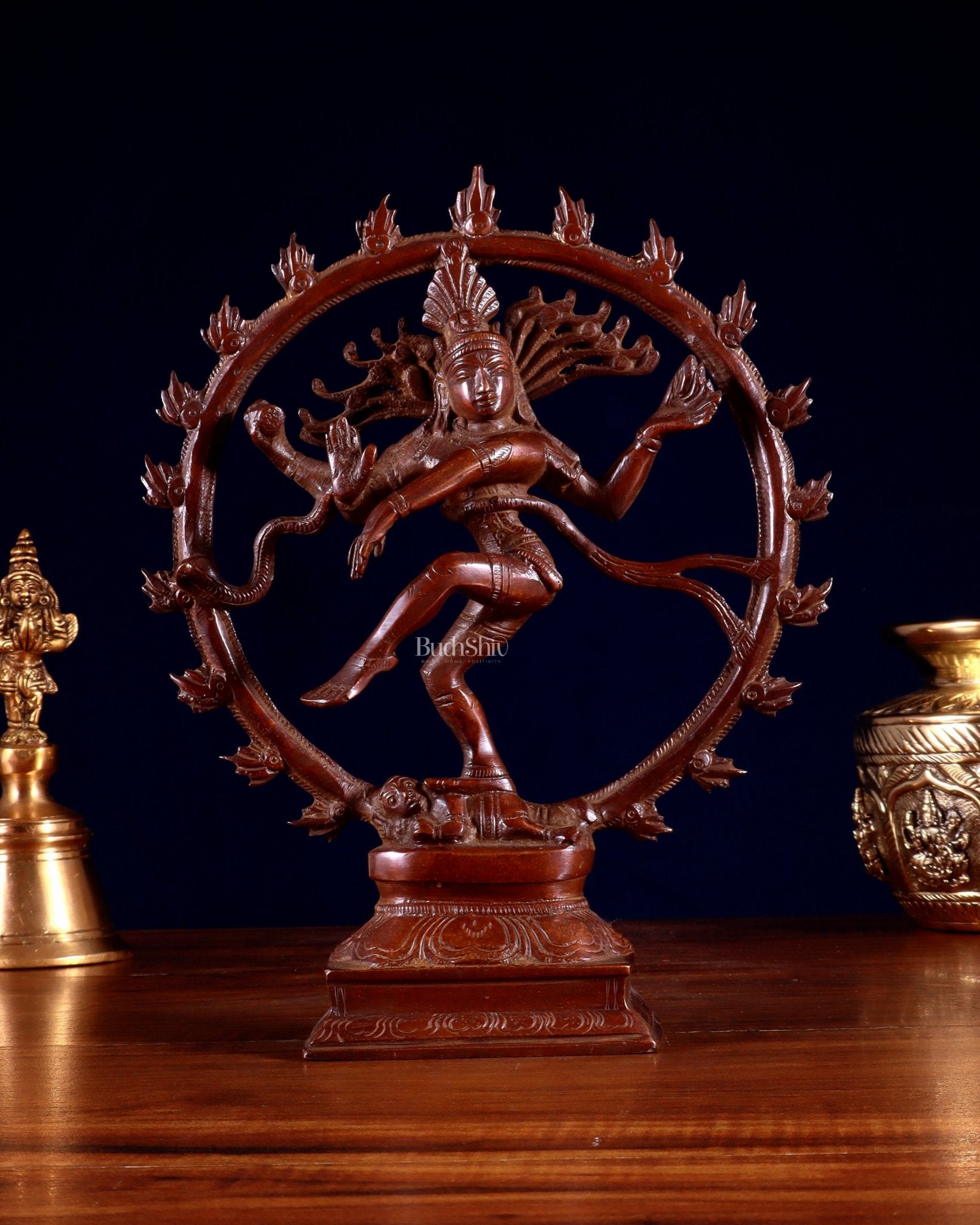 Vintage Brass Nataraja Sculpture – 9.2” Monochrome Dark Chocolate Finish - Budhshiv.com