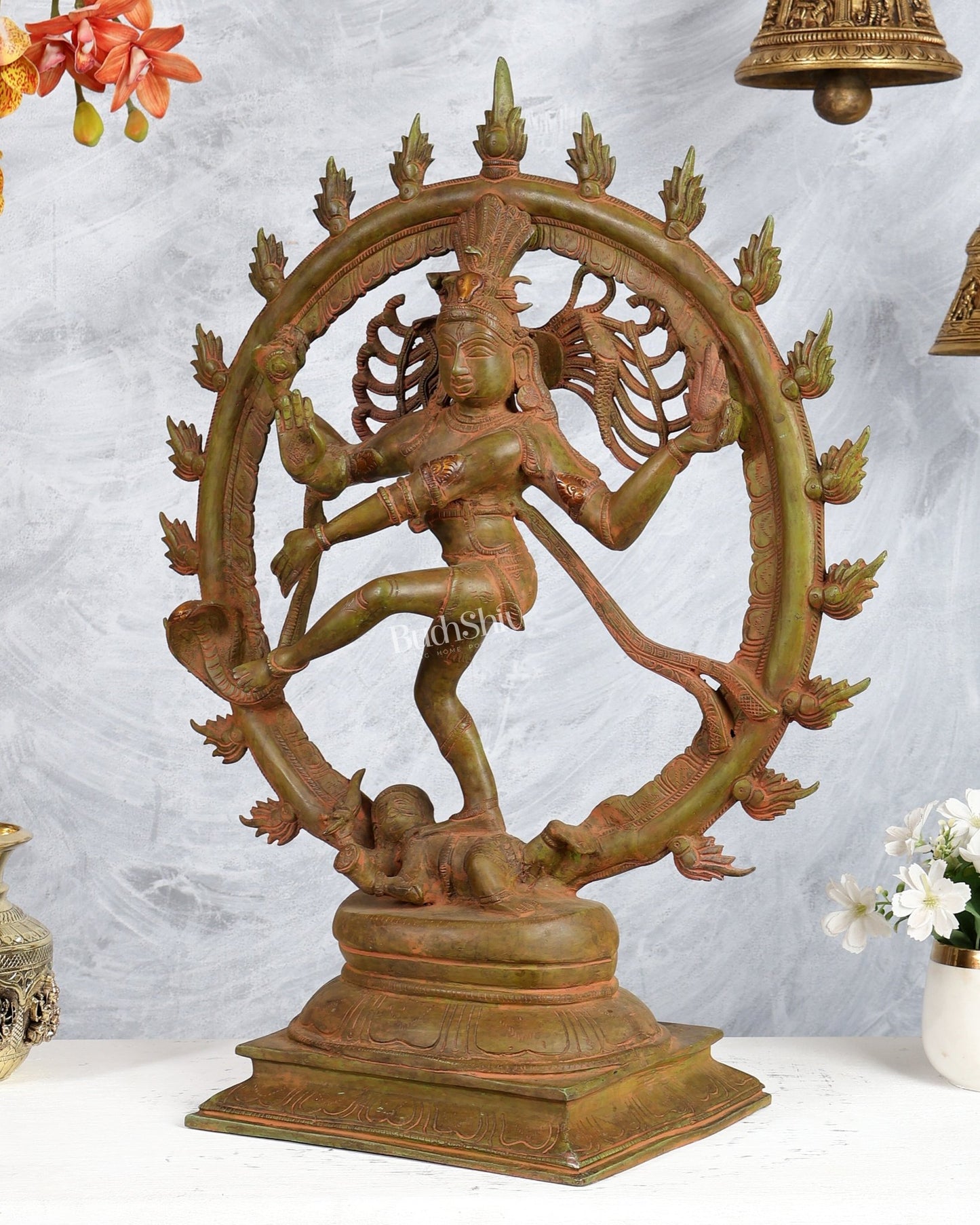 Vintage Brass Nataraja Statue 24 inch Green patina and and sand finish - Budhshiv.com