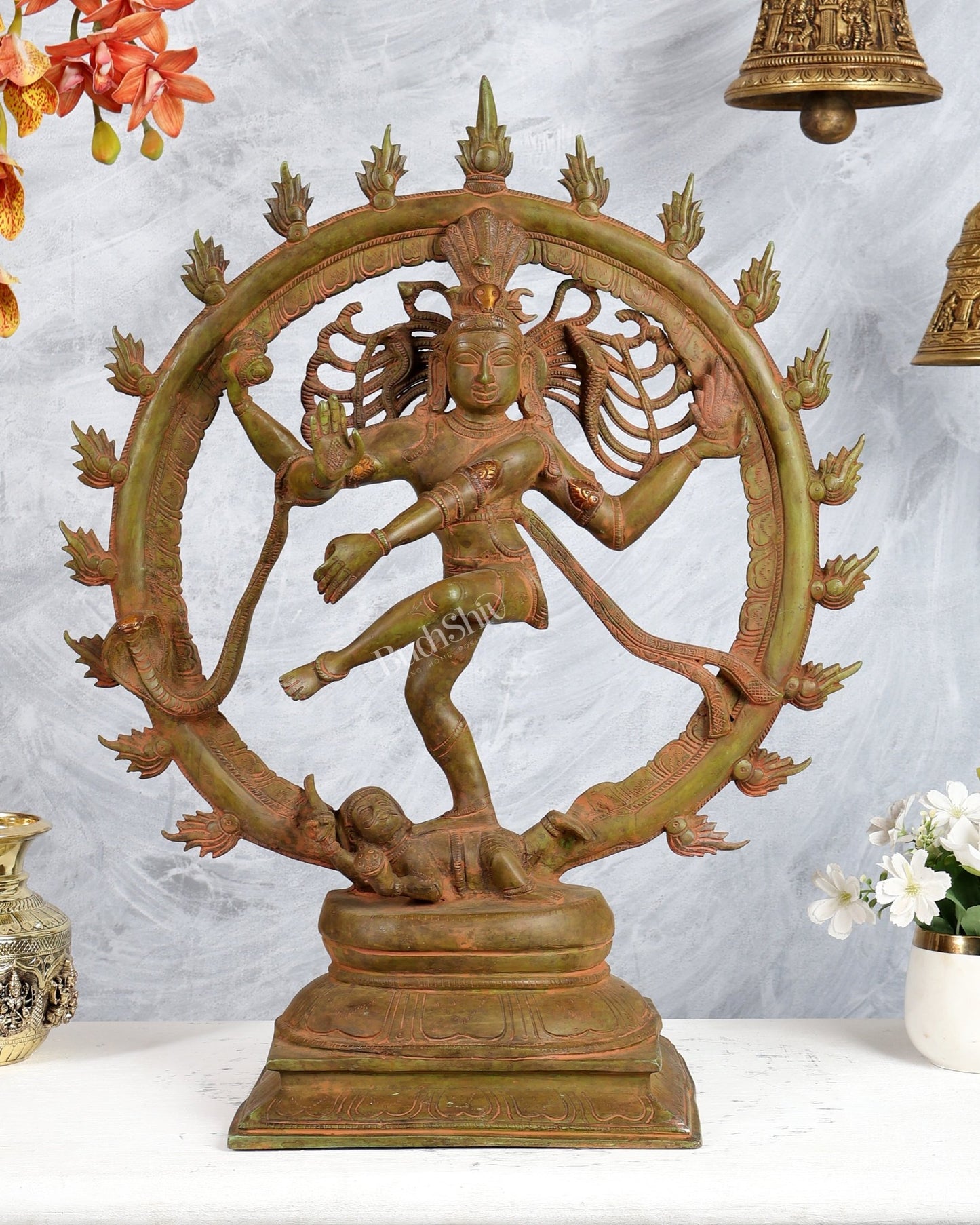 Vintage Brass Nataraja Statue 24 inch Green patina and and sand finish - Budhshiv.com