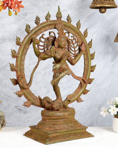 Vintage Brass Nataraja Statue 24 inch Green patina and and sand finish - Budhshiv.com