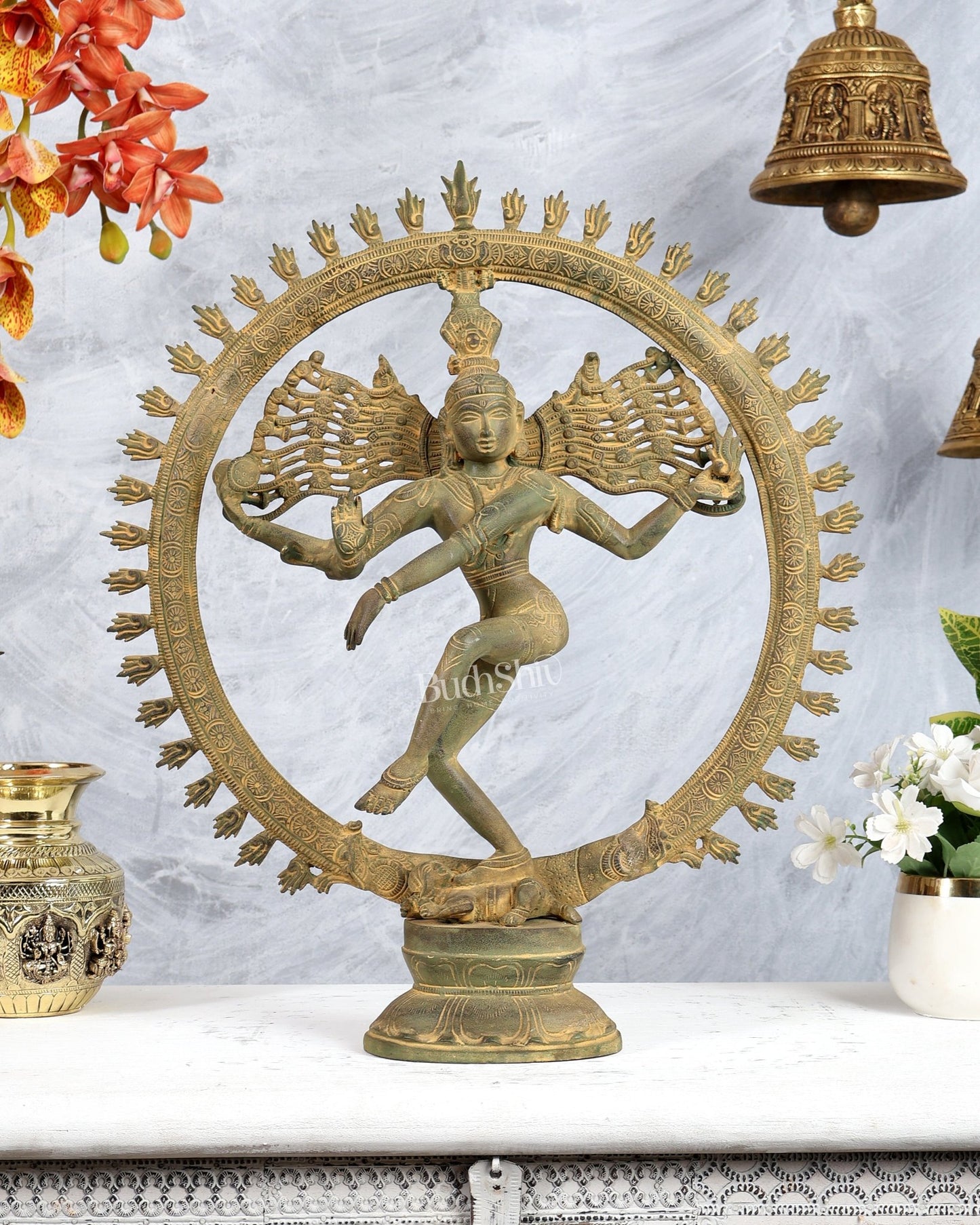 Vintage Brass Nataraja Statue – Antique Green Tone Shiva Cosmic Dance Sculpture (19 Inches) - Budhshiv.com
