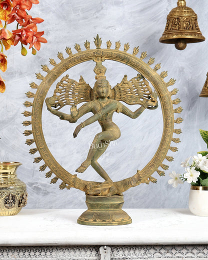 Vintage Brass Nataraja Statue – Antique Green Tone Shiva Cosmic Dance Sculpture (19 Inches) - Budhshiv.com
