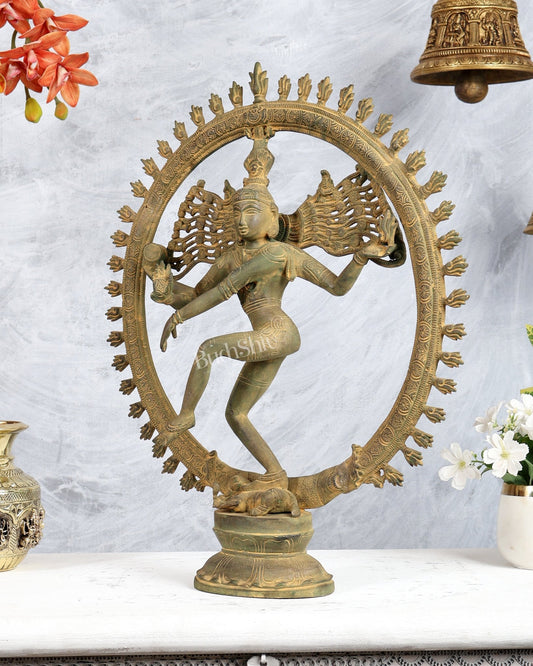 Vintage Brass Nataraja Statue – Antique Green Tone Shiva Cosmic Dance Sculpture (19 Inches) - Budhshiv.com