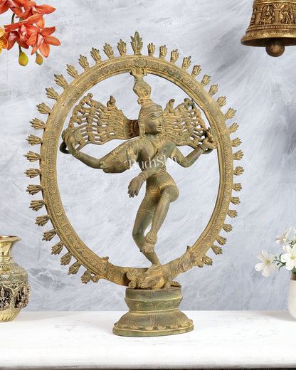 Vintage Brass Nataraja Statue – Antique Green Tone Shiva Cosmic Dance Sculpture (19 Inches) - Budhshiv.com