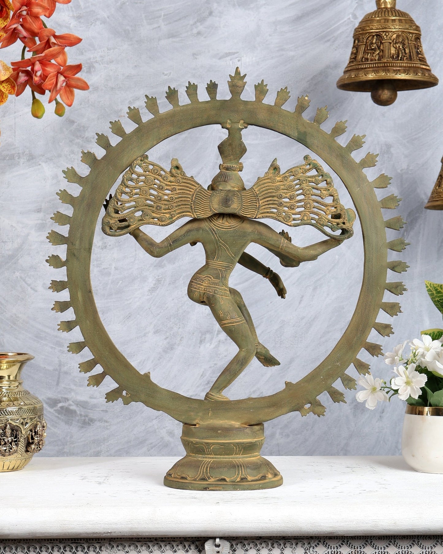 Vintage Brass Nataraja Statue – Antique Green Tone Shiva Cosmic Dance Sculpture (19 Inches) - Budhshiv.com