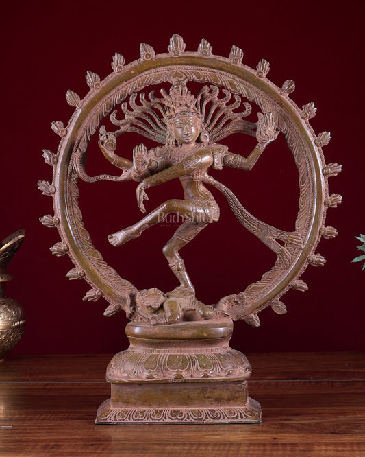 Vintage Brass Nataraja Statue – Patina Tone 14 inch - Budhshiv.com