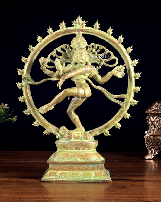 Vintage Brass Nataraja Statue with Green Sand Finish 13 inch - Budhshiv.com