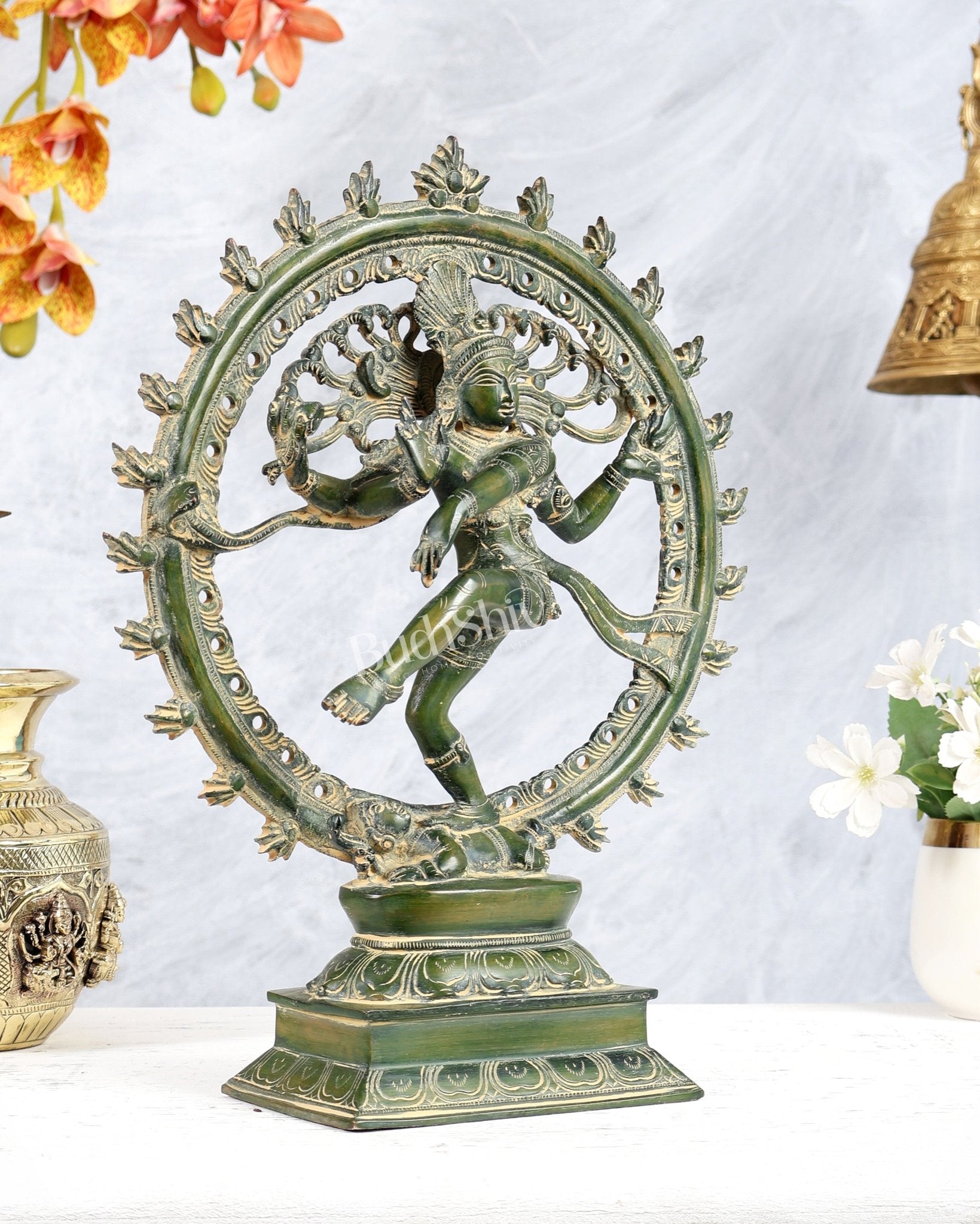 Vintage Brass Nataraja Statue with Green tone Finish 13 inch - Budhshiv.com