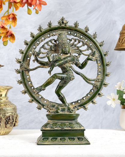 Vintage Brass Nataraja Statue with Green tone Finish 13 inch - Budhshiv.com