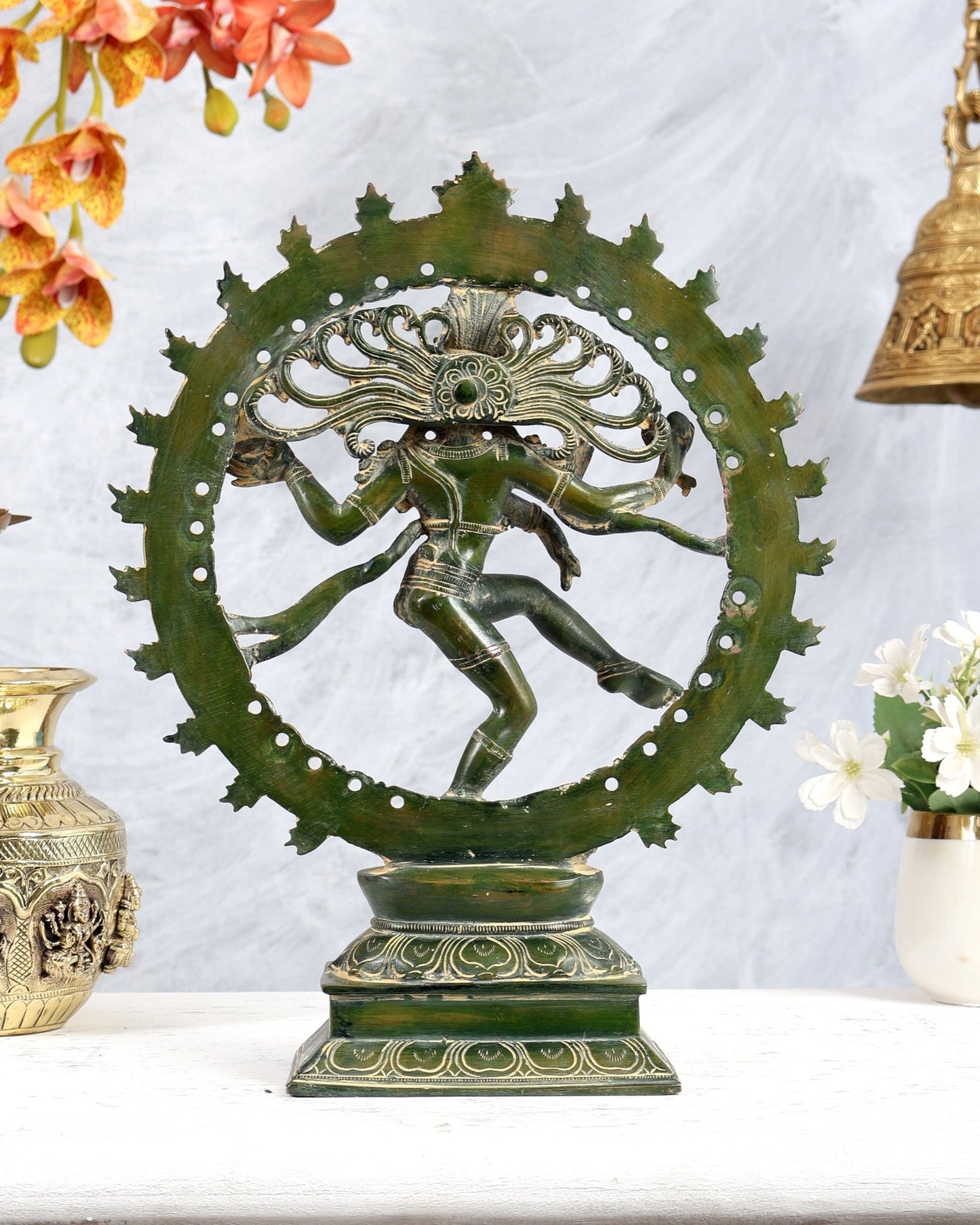 Vintage Brass Nataraja Statue with Green tone Finish 13 inch - Budhshiv.com
