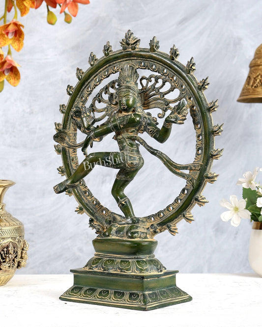 Vintage Brass Nataraja Statue with Green tone Finish 13 inch - Budhshiv.com