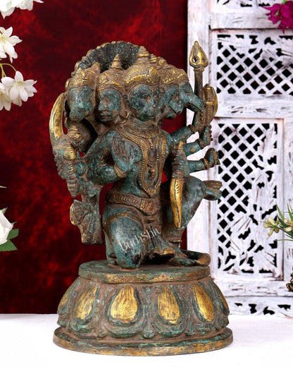 Vintage Brass Panchmukhi Hanuman Statue — Rustic Patina Tone 13 inch - Budhshiv.com