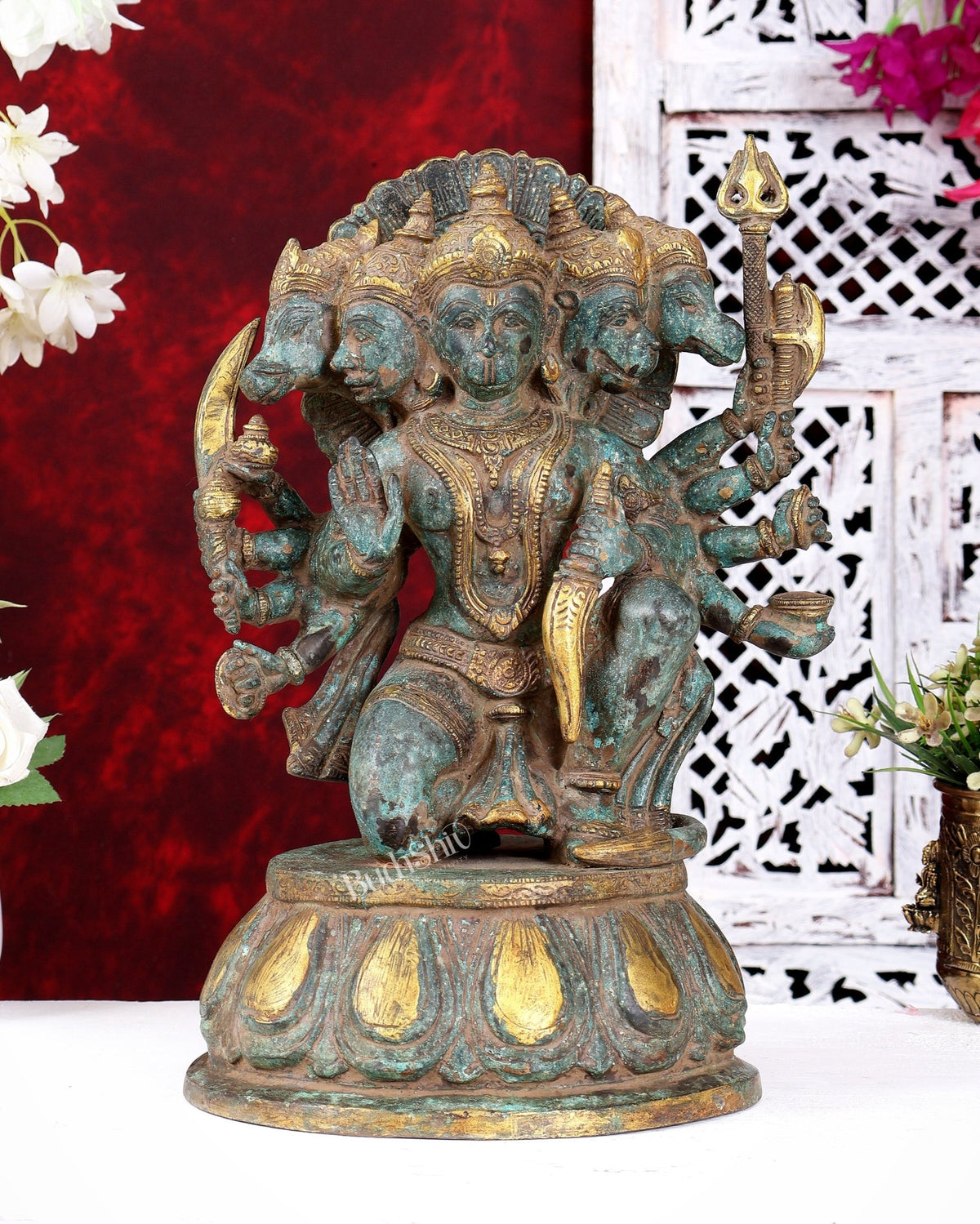 Vintage Brass Panchmukhi Hanuman Statue — Rustic Patina Tone 13 inch - Budhshiv.com