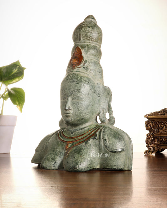 Vintage Brass Parvati Face Statue – Uma Bust in Green Sand Patina 10.5" - Budhshiv.com