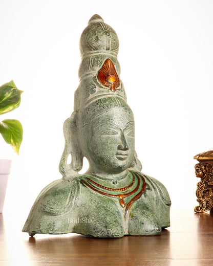 Vintage Brass Parvati Face Statue – Uma Bust in Green Sand Patina 10.5" - Budhshiv.com