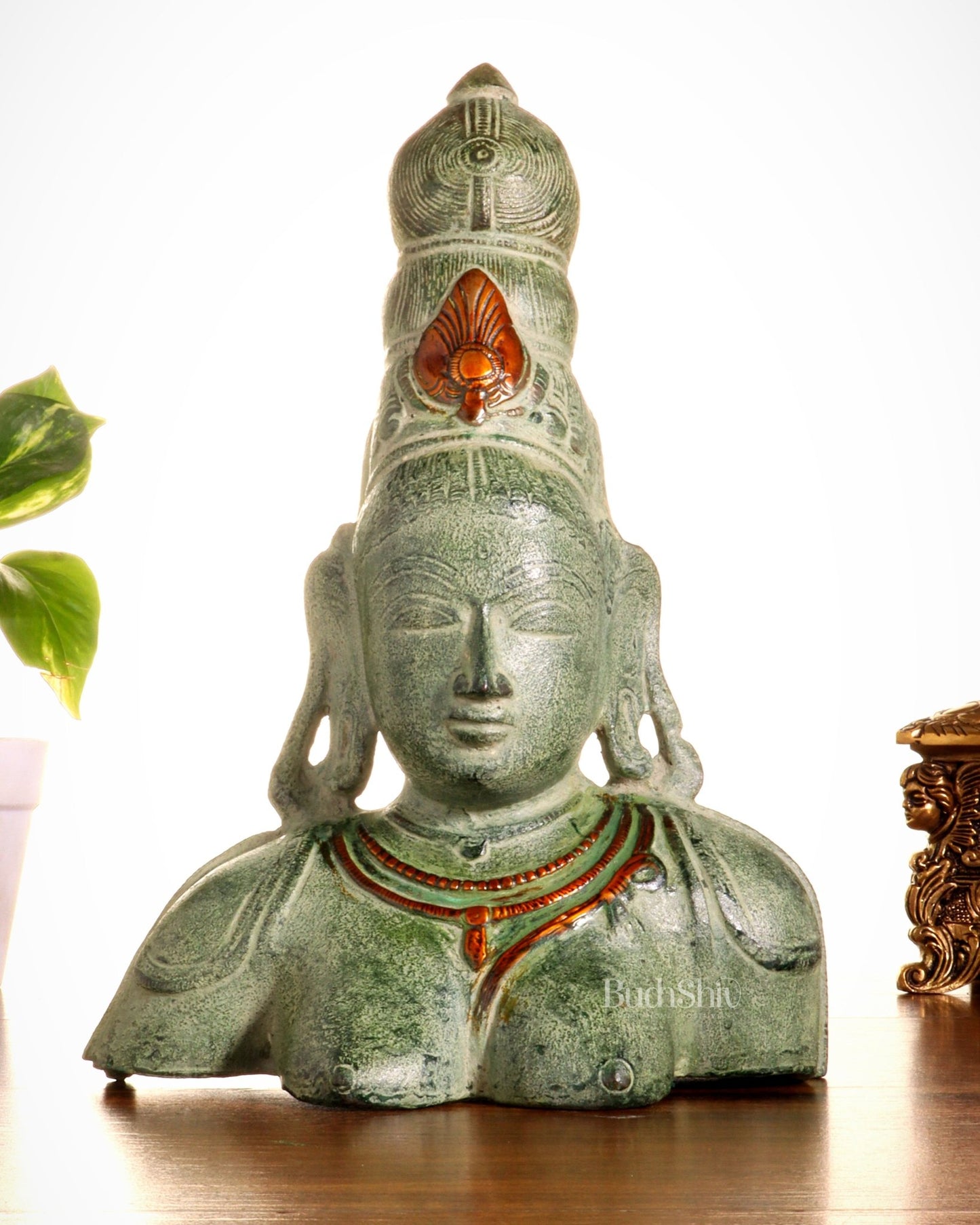 Vintage Brass Parvati Face Statue – Uma Bust in Green Sand Patina 10.5" - Budhshiv.com