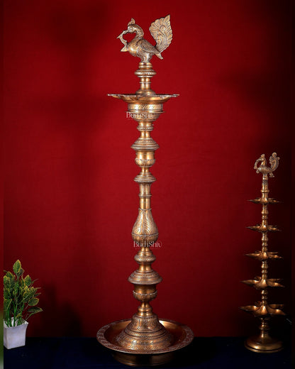 Vintage Brass Peacock Annam Pakshi Inauguration Oil Lamp (Samai / Diya) – Large & Rare 49 inch - Budhshiv.com