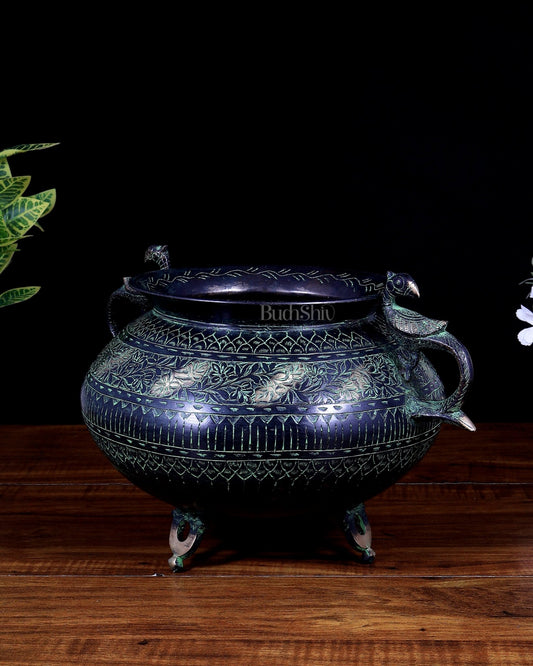 Vintage Brass Pot/planter Handcrafted with Intricate Carvings | Black & Green Patina Limited Edition - Budhshiv.com