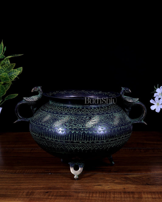 Vintage Brass Pot/planter Handcrafted with Intricate Carvings | Black & Green Patina Limited Edition - Budhshiv.com