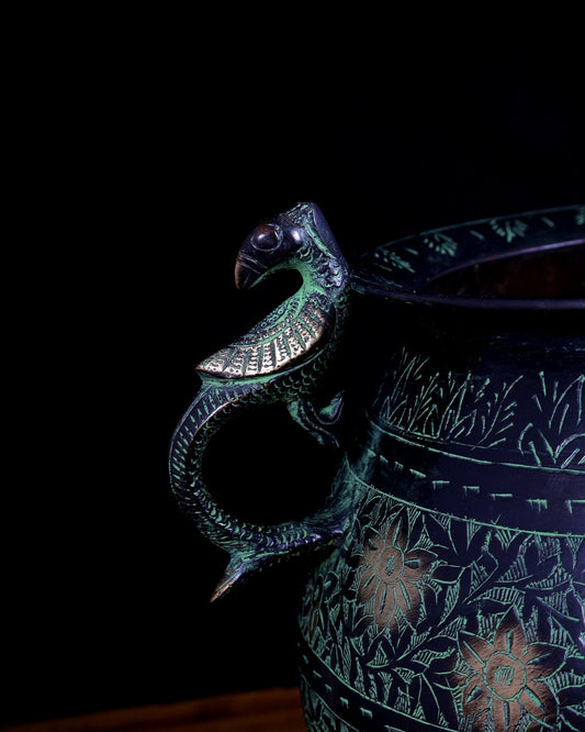 Vintage Brass Pot/planter Handcrafted with Intricate Carvings | Black & Green Patina Limited Edition - Budhshiv.com