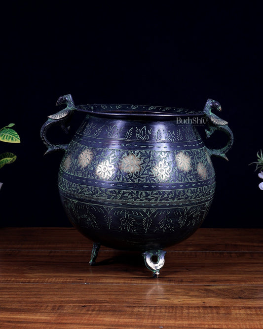 Vintage Brass Pot/planter Handcrafted with Intricate Carvings | Black & Green Patina Limited Edition - Budhshiv.com