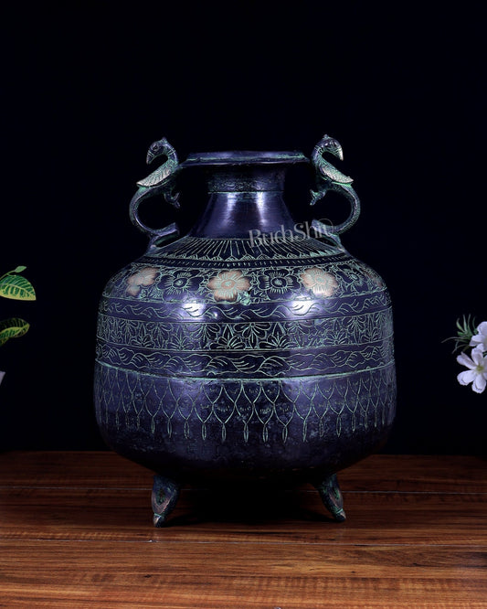 Vintage Brass Pot/planter with Peacock Handles | Hand - Chiseled Carvings | Black & Green Patina Finish - Budhshiv.com