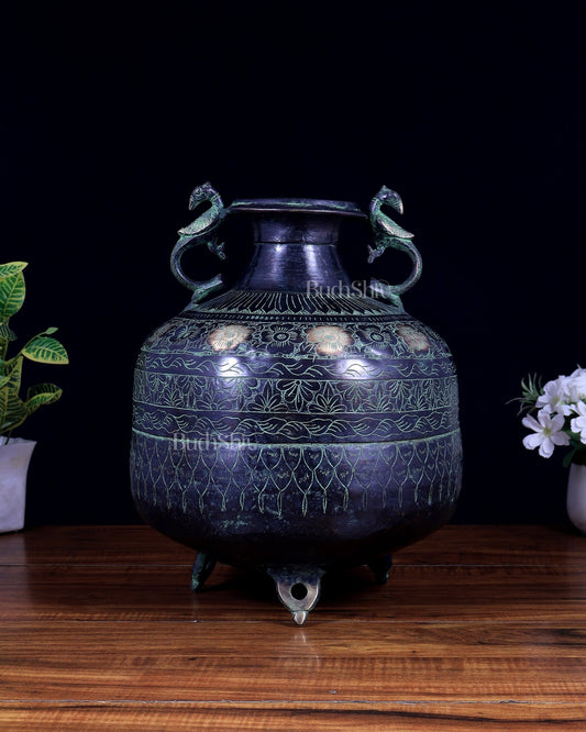 Vintage Brass Pot/planter with Peacock Handles | Hand - Chiseled Carvings | Black & Green Patina Finish - Budhshiv.com