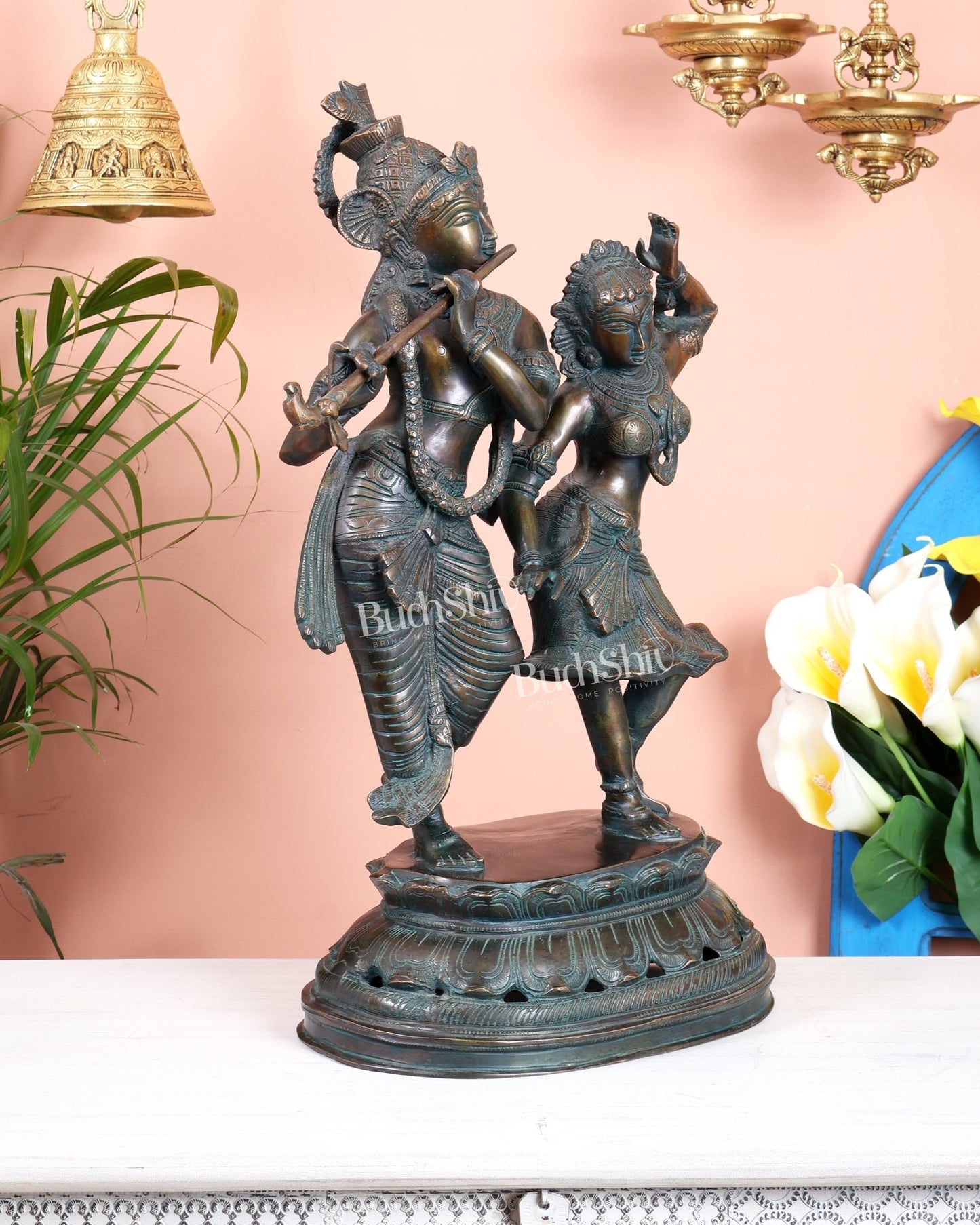 Vintage Brass Radha Krishna Dancing Statue 23 inch - Budhshiv.com