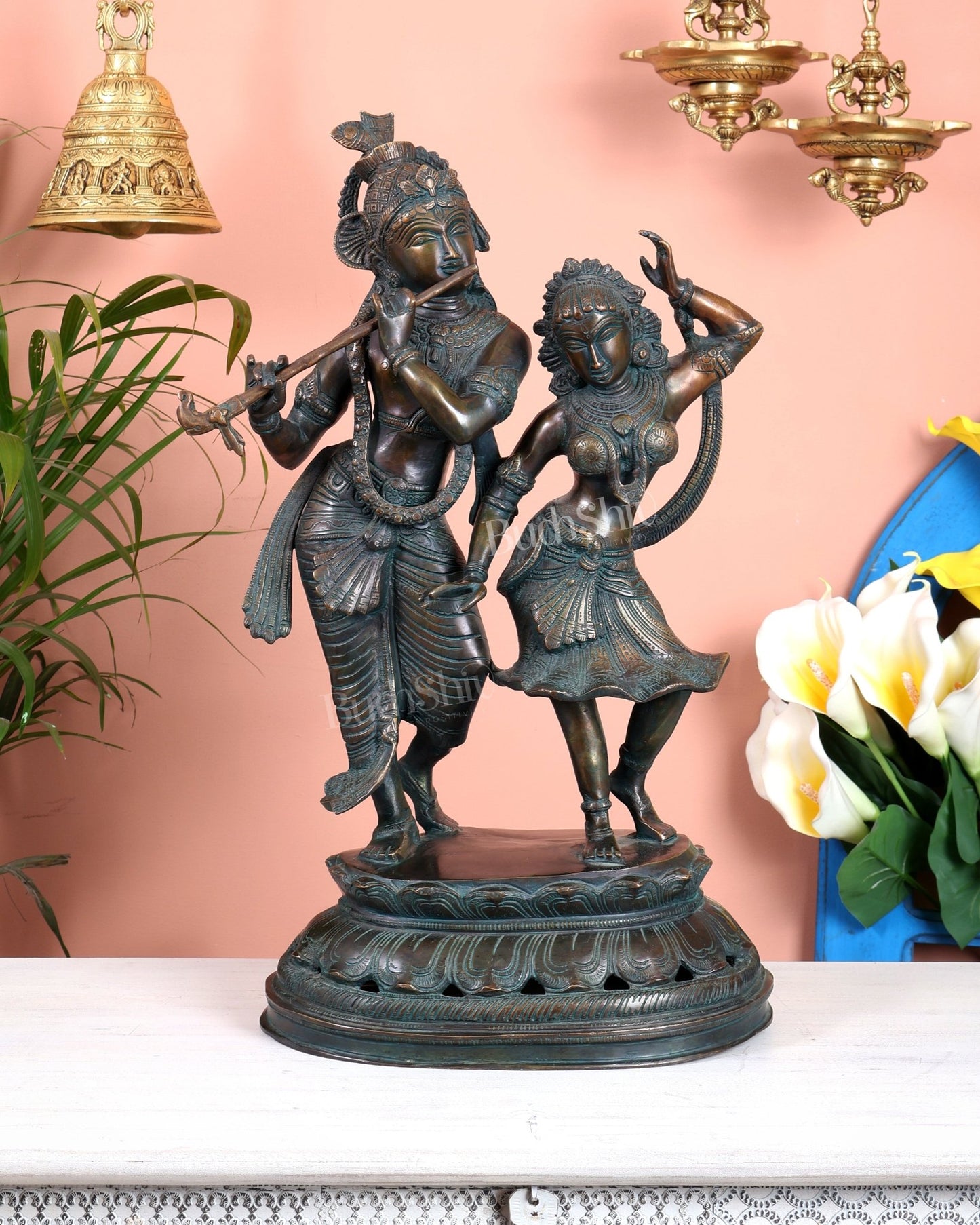 Vintage Brass Radha Krishna Dancing Statue 23 inch - Budhshiv.com