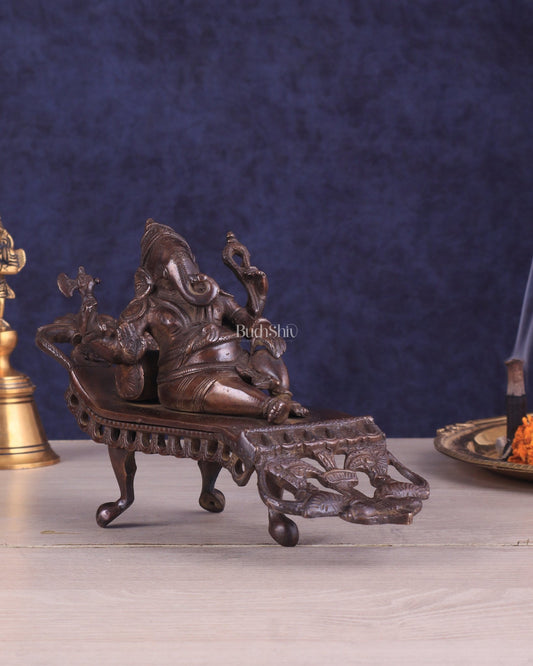 Vintage Brass Resting Ganesha Idol – 6" | Dark Chocolate Finish - Budhshiv.com