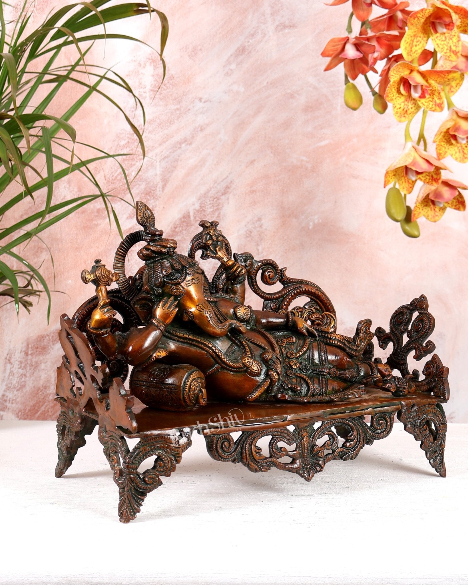 Vintage Brass Resting Ganesha Statue 14" - Budhshiv.com