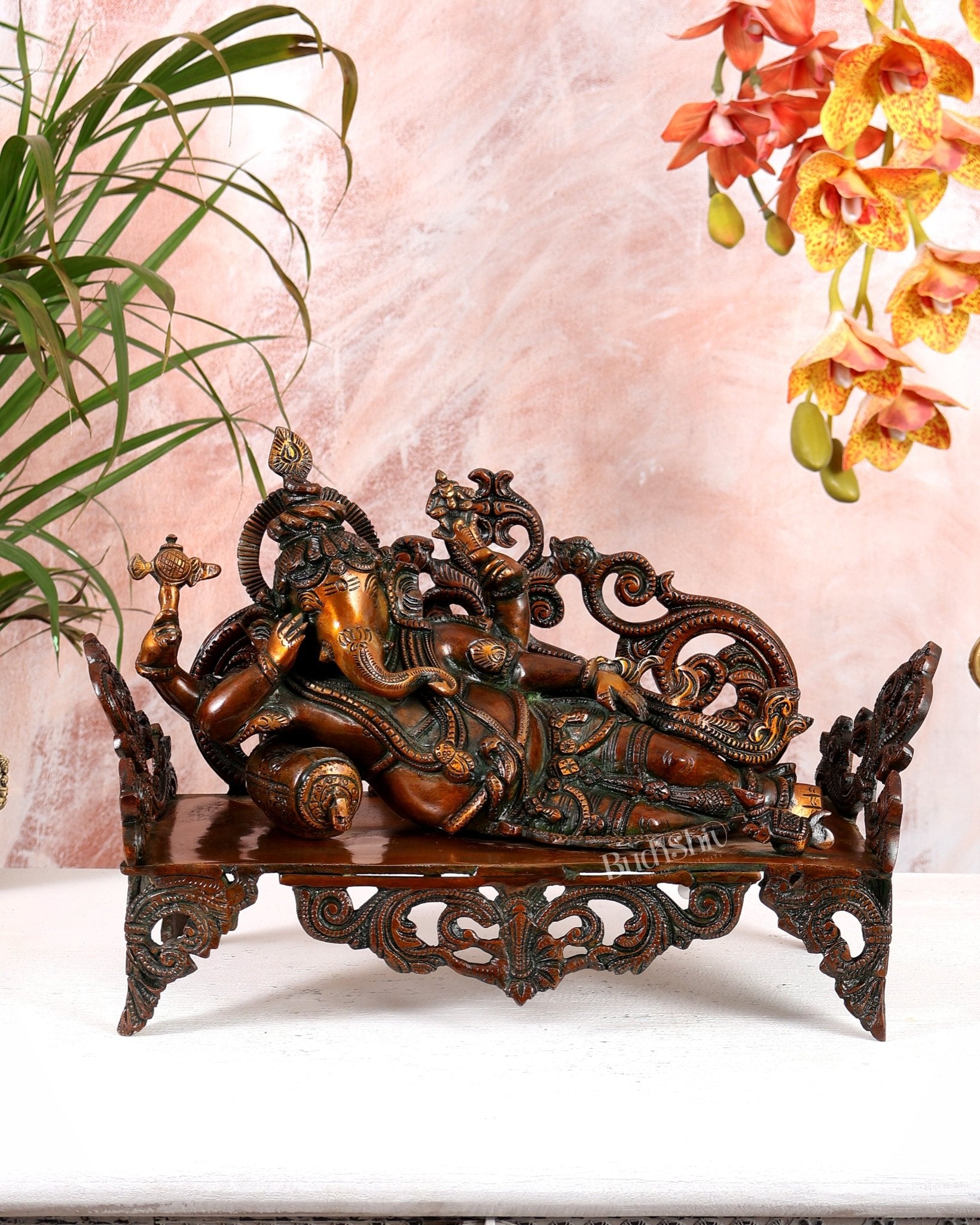 Vintage Brass Resting Ganesha Statue 14" - Budhshiv.com