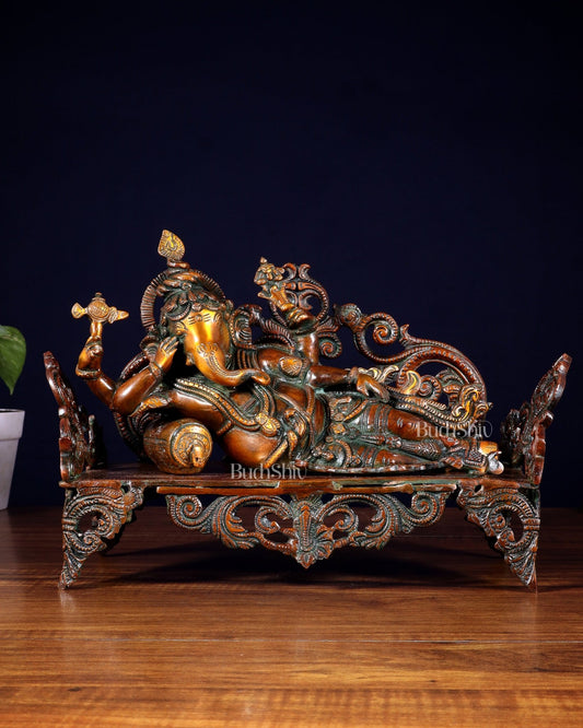 Vintage Brass Resting Ganesha Statue 14" - Budhshiv.com