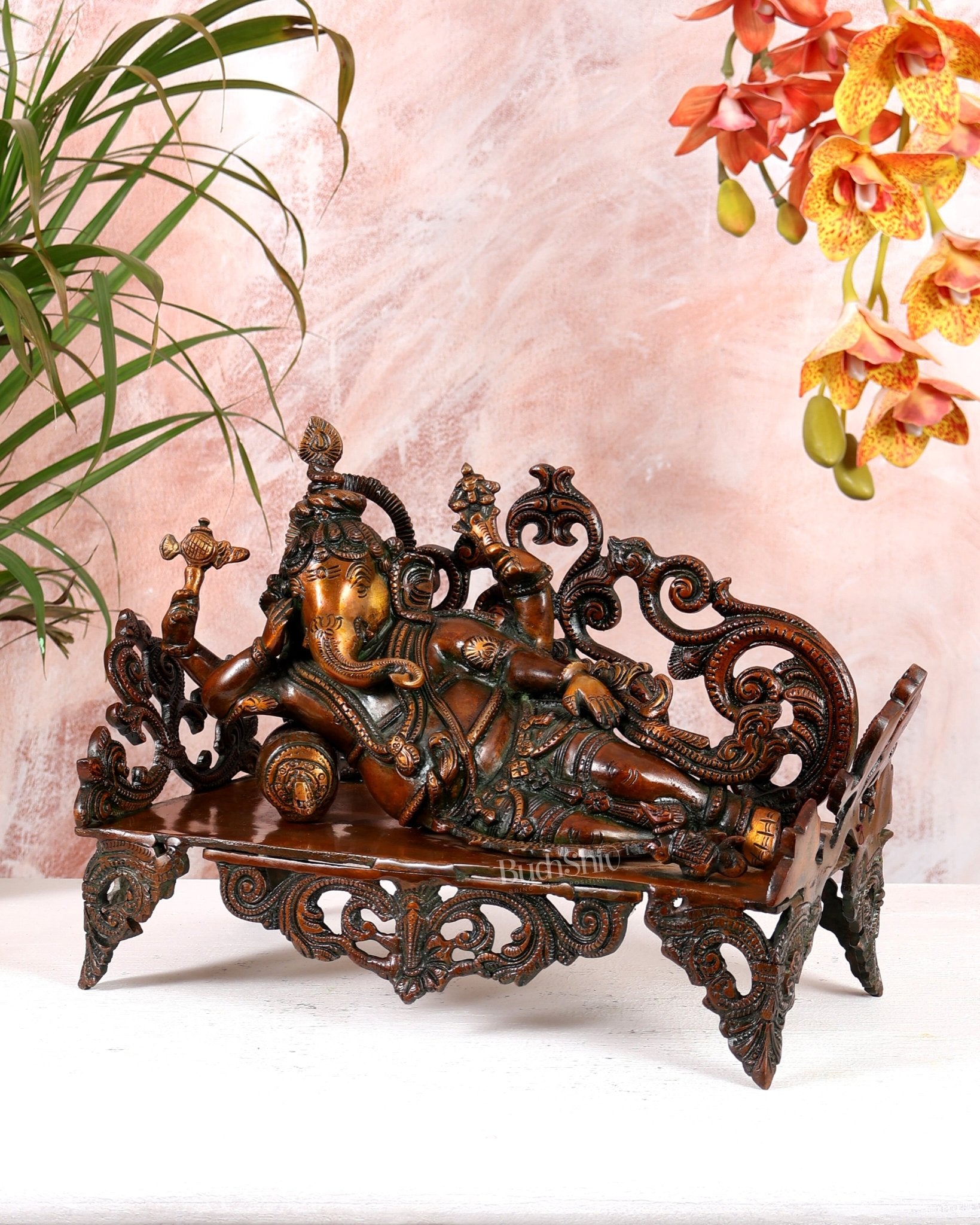 Vintage Brass Resting Ganesha Statue 14" - Budhshiv.com