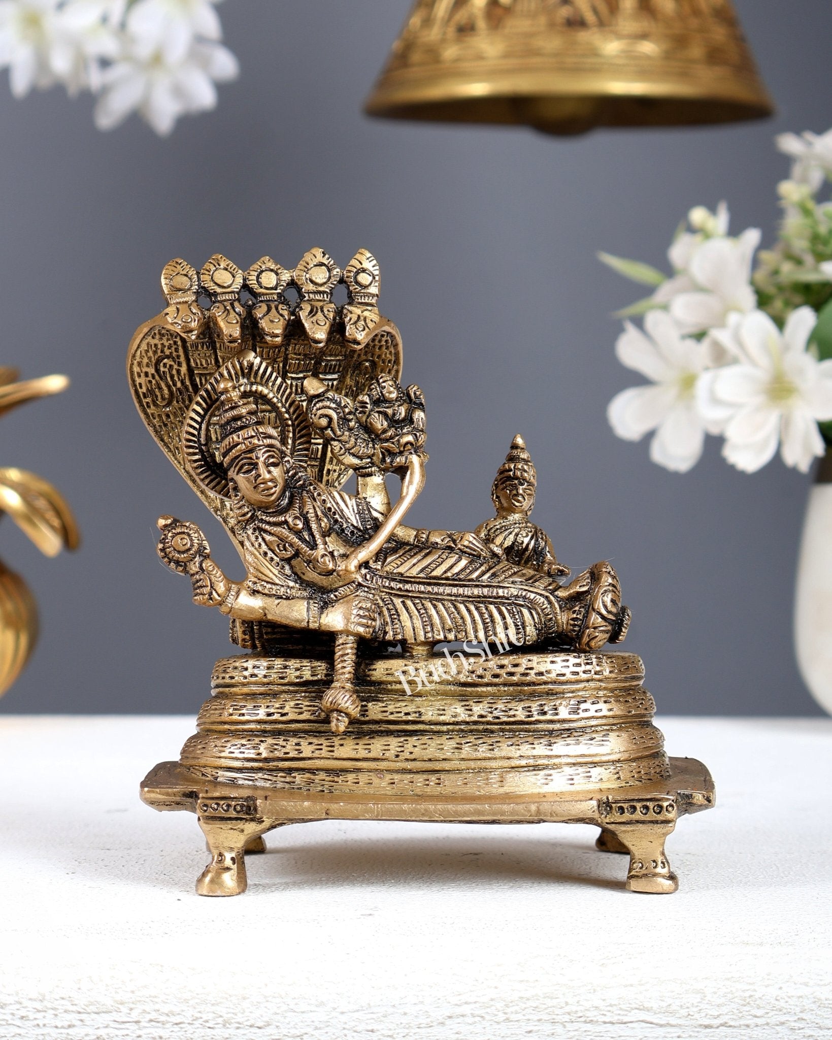 Vintage Brass Resting Vishnu Lakshmi with Brahma Emerging from Navel Statue – Anantashayana Form 4.8 Inch - Budhshiv.com
