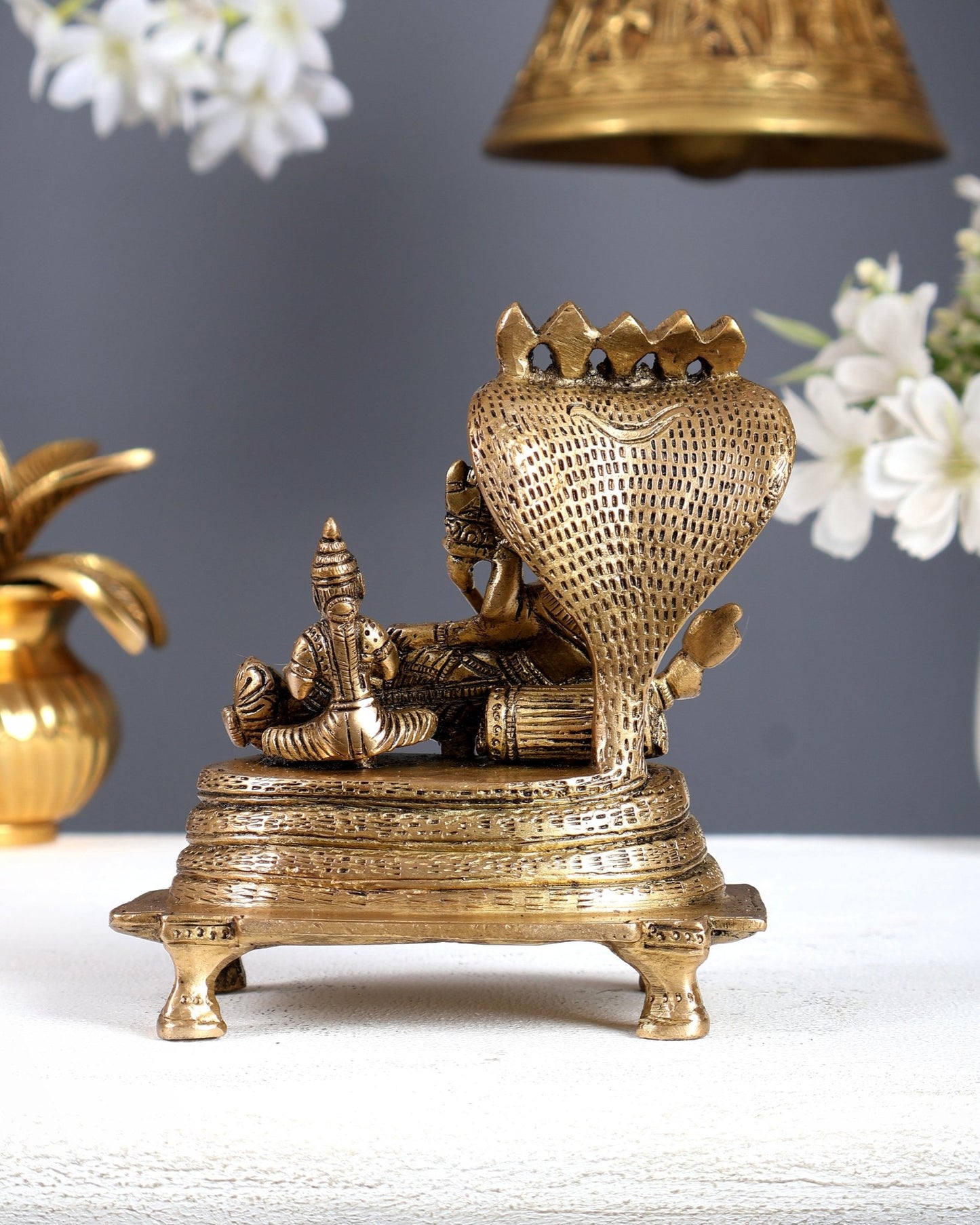 Vintage Brass Resting Vishnu Lakshmi with Brahma Emerging from Navel Statue – Anantashayana Form 4.8 Inch - Budhshiv.com