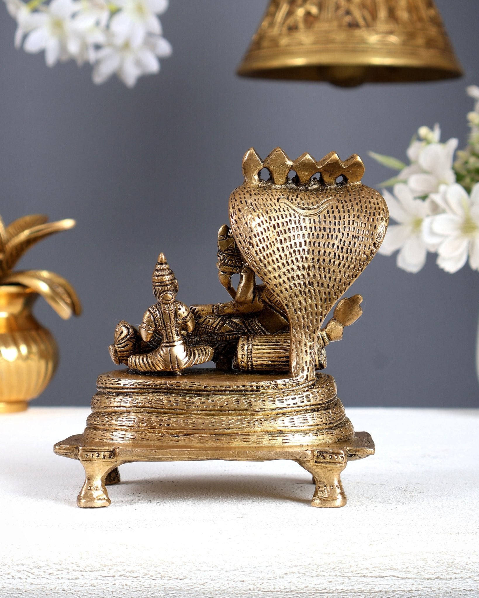 Vintage Brass Resting Vishnu Lakshmi with Brahma Emerging from Navel Statue – Anantashayana Form 4.8 Inch - Budhshiv.com