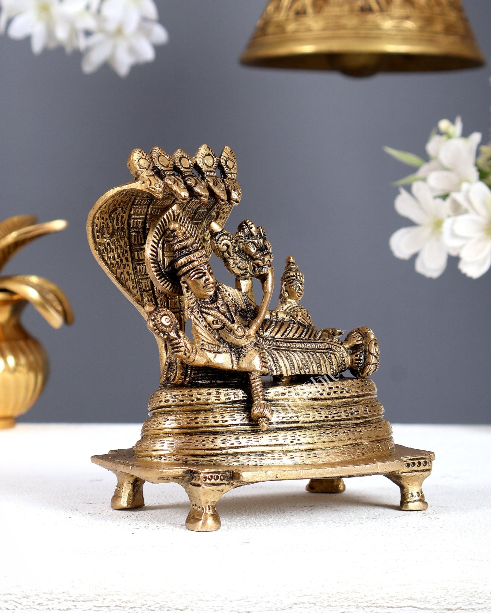 Vintage Brass Resting Vishnu Lakshmi with Brahma Emerging from Navel Statue – Anantashayana Form 4.8 Inch - Budhshiv.com