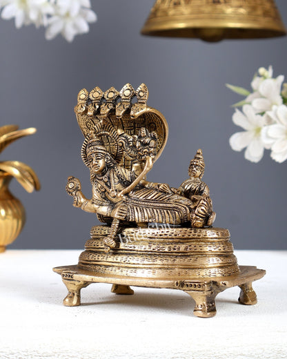 Vintage Brass Resting Vishnu Lakshmi with Brahma Emerging from Navel Statue – Anantashayana Form 4.8 Inch - Budhshiv.com